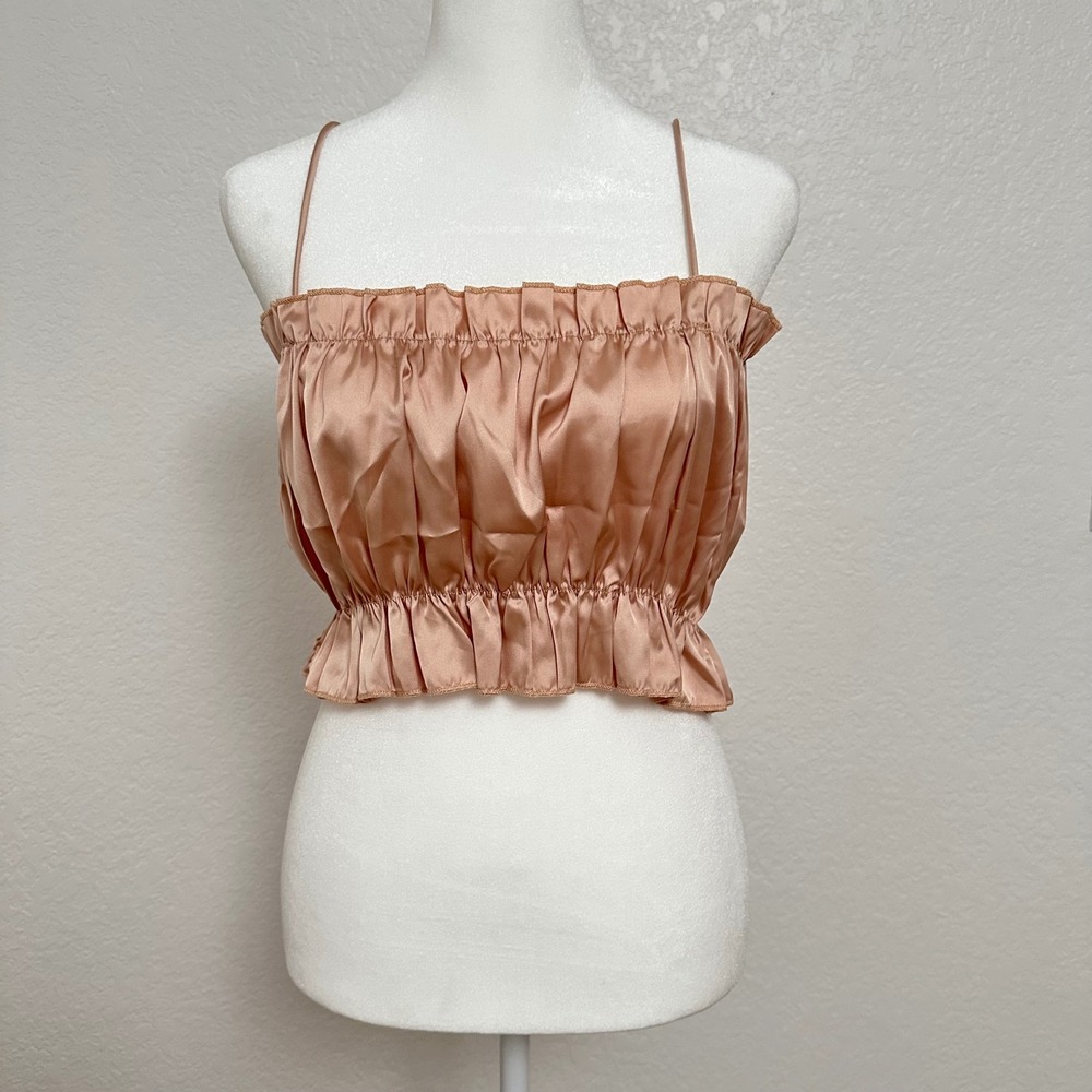 SHEIN Womens Champagne Rose Satin Cami Crop Top Ruffle Smocked Hem Large US 8/10